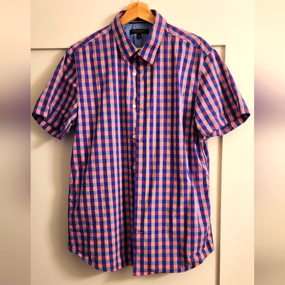Banana Republic Checkered Print Button Down Slim Fit Shirt Short Sleeve Size L